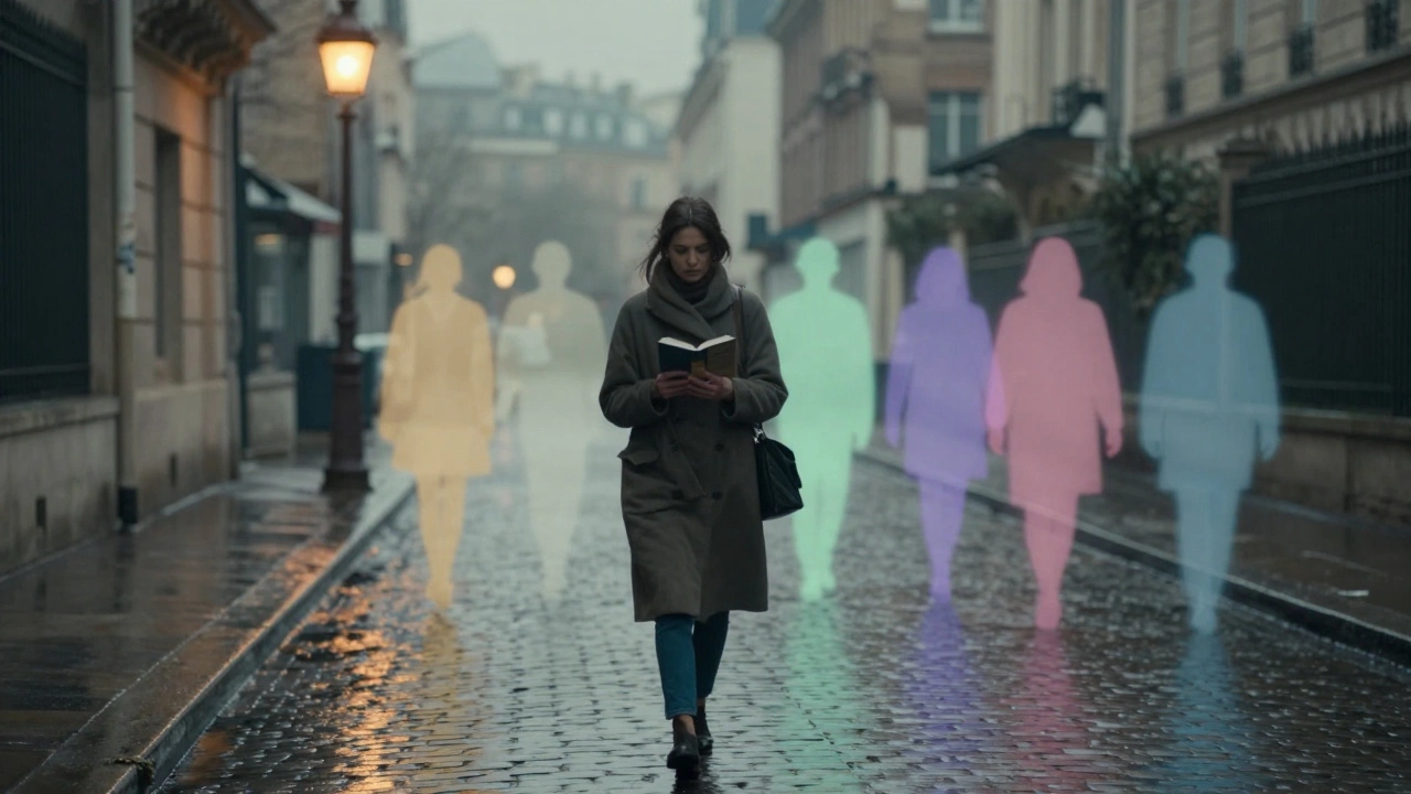 A woman walks alone in a rainy Paris dawn, holding a book, surrounded by faint glowing silhouettes.