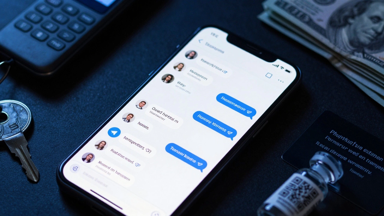 Close-up of a smartphone showing encrypted Telegram messages, cash, and crypto QR code in low light.