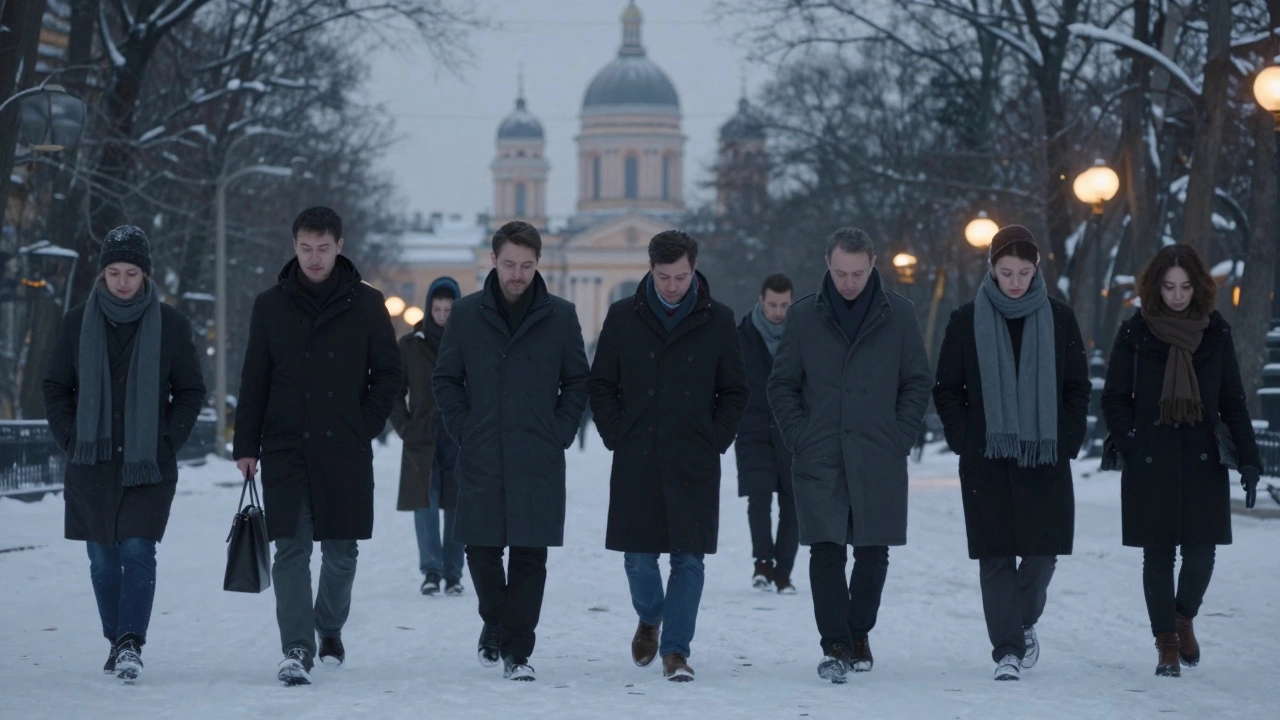 Professionals walking alone in a snowy St. Petersburg park at dusk, quiet and dignified atmosphere.